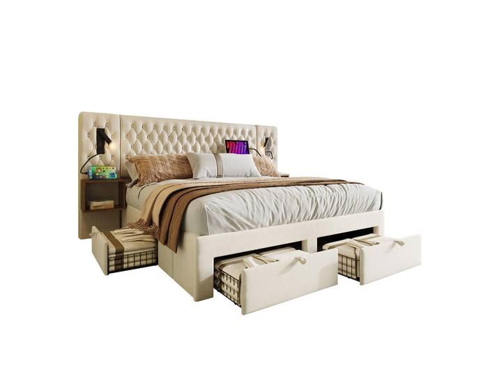 Stilvora Bettanlage 160/200 cm in Beige Samt mit 4 Schubladen, Usb, Type-C und Leselampen Vintage-Design, 160x200 cm, Schlafzimmer, Betten, Polsterbetten