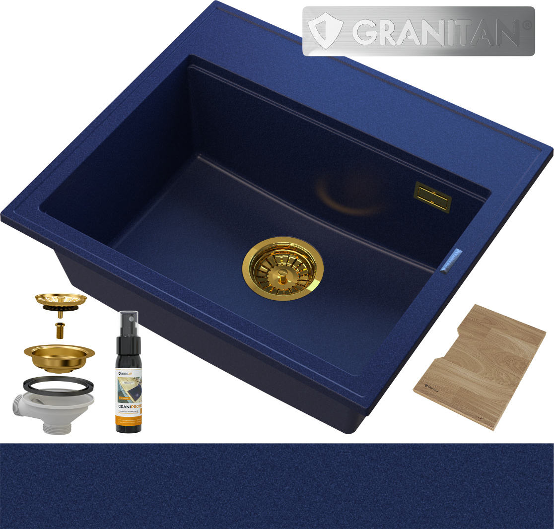 Granitan - Granitspüle - Küchenspüle - 56x50 cm - Blau - mit Siphon - Spülbecken - FOXAL