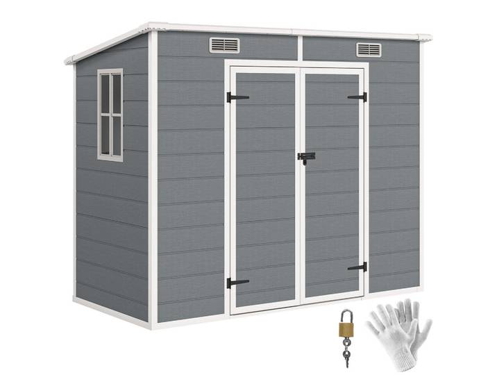 ComfortXL Gartenschuppen De-08110 mit Boden, Fenster & abschließbaren Türen Grau, Kunststoff, 125x183x238 cm, Gartenzubehör, Gartenhäuser & Gewächshäuser