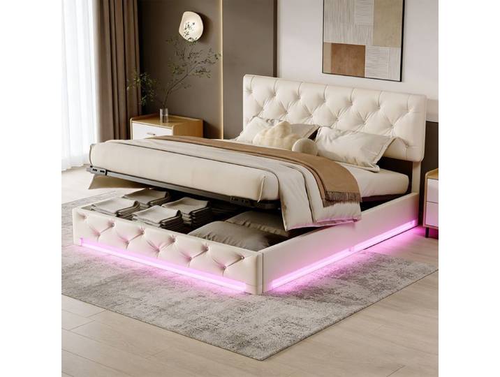Lit coffre - 160 x 200 - Sommier à lattes - LED RGB - Rangement hydraulique