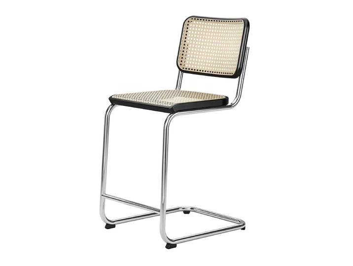 Thonet - S 32 VHT Barstuhl SH 64 cm, Chrom / Buche schwarz gebeizt / Rohrgeflecht mit Kunststoffstützgewebe