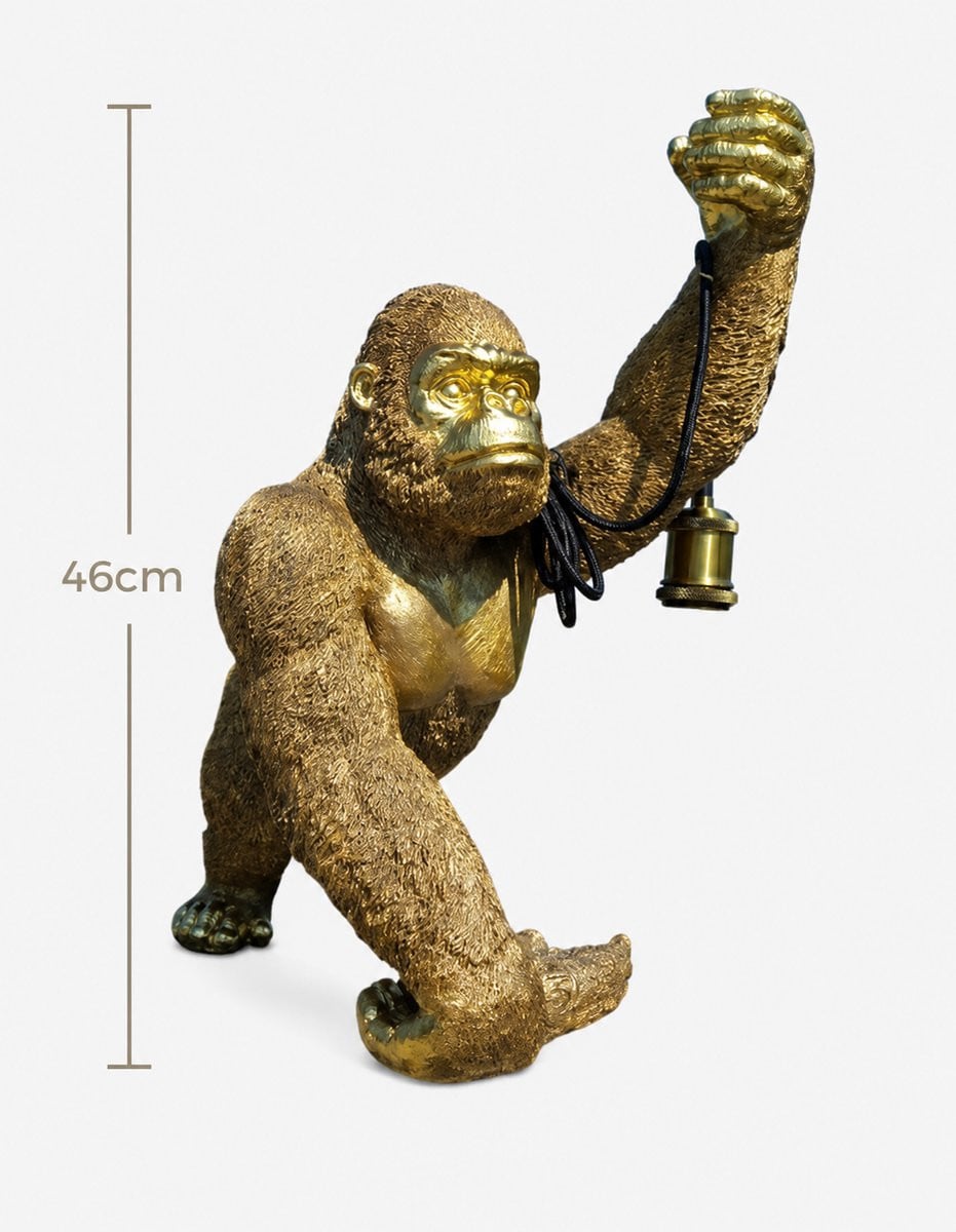 Luxe Gouden Aap Tafellamp Gorilla – XL Aap Beeld met Lamp Fitting – Polystone Woondecoratie – Hoogte: 46 cm