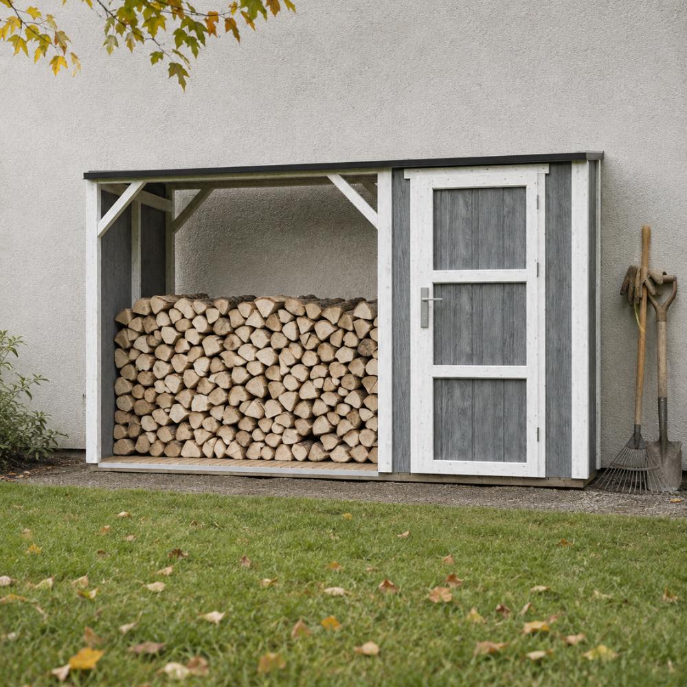 TIMBELA M985 Brennholzlager mit geschlossenem Stauraum 4,14 m², Kaminholzunterstand mit Geräteraum