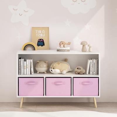 Kids bookcase with Collapsible Fabric Drawers, Children's Book Display, Toy Storage Cabinet Organizer