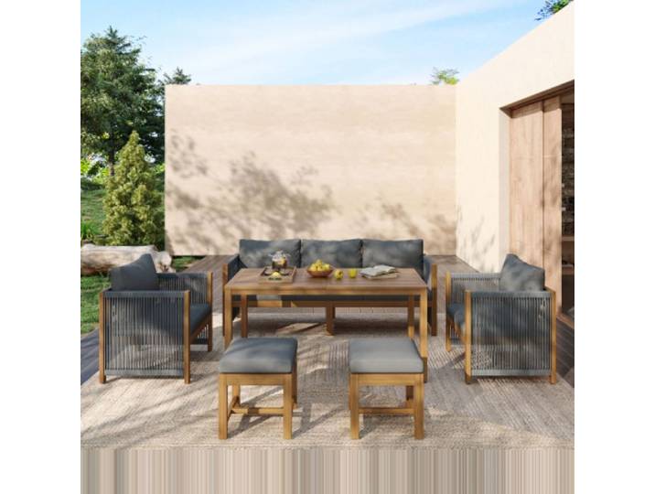 Mobilier de jardin modulable canapé 3 places 2 fauteuils 2 tabourets et table de jardin intégrée