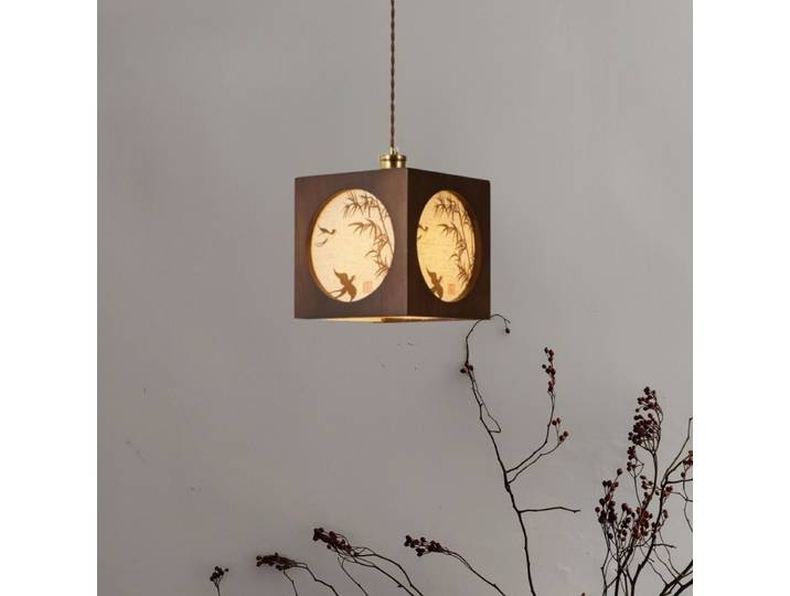 Lustre Rétro en Bambou et Bois, Abat-jour Rectangulaire en Tissu Vintage, Lampe Suspendue pour Bureau, Chambre, Chevet, Restaurant, Cuisine
