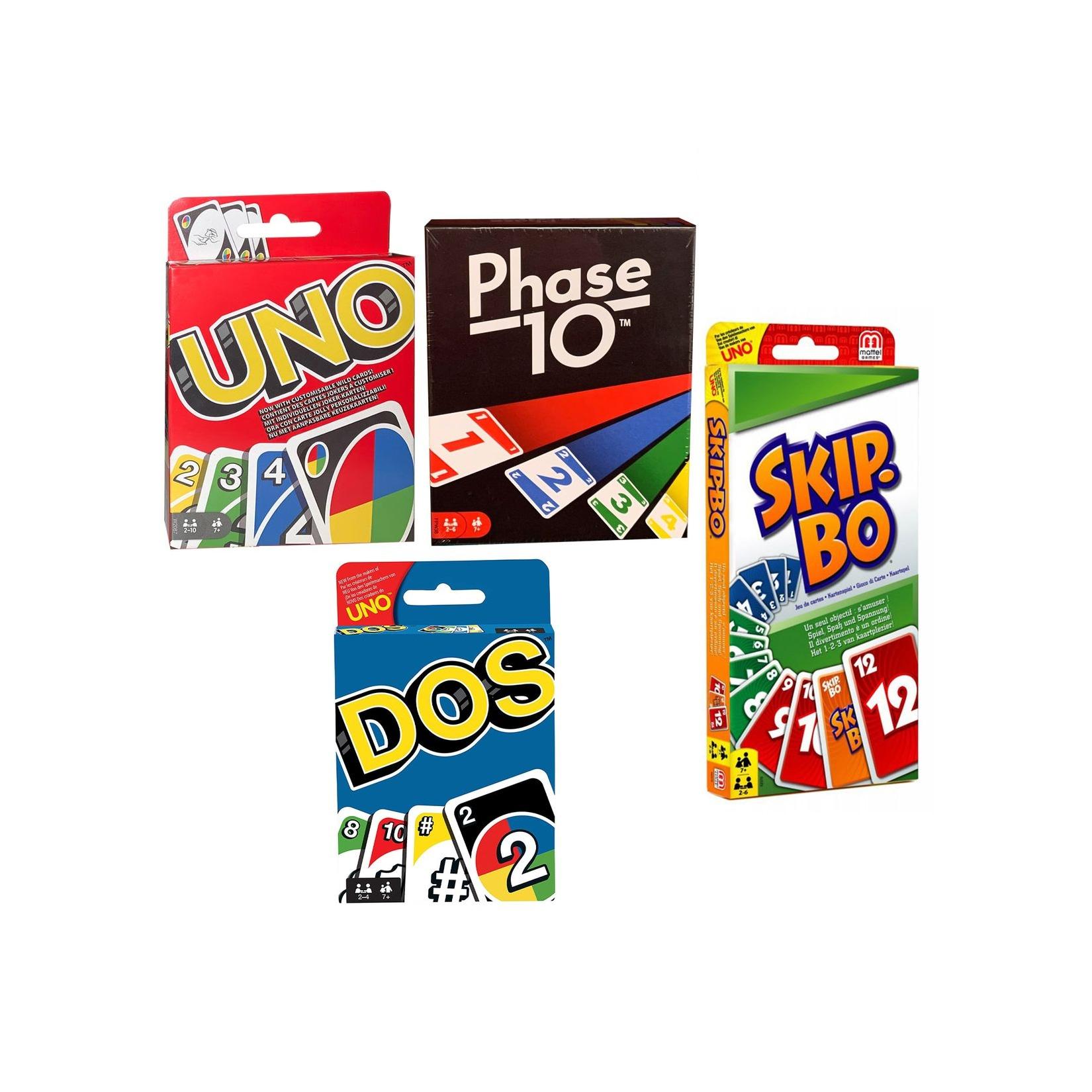 SPAR-SET 169882 - Mattel - 4er Set Kartenspiele: UNO, Skip Bo, Phase 10 und DOS