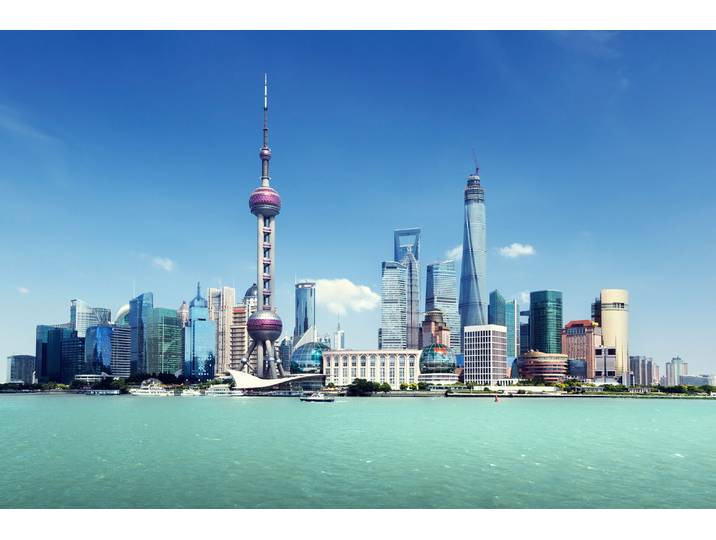 Fototapete PAPERMOON SHANGHAI-STADT CHINA SKYLINE BRÜCKEN UFER FLUSS STRAND , bunt, B:4,5m L:2,8m, Vlies, Tapeten, Fototapete