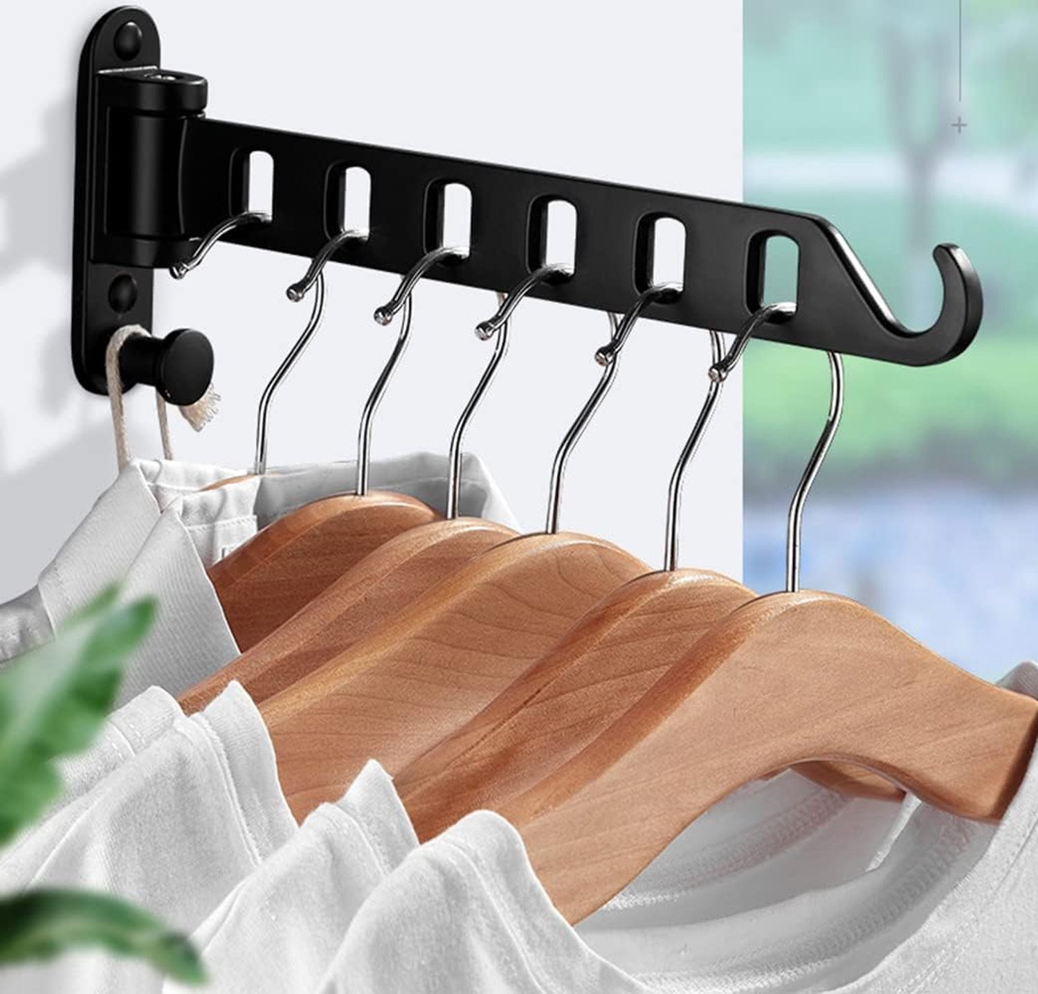 SnelShoppen Vouwbare Wand Kledingstandaard met 180 graden draaibare kledingrail en wandhaken voor de badkamer of het balkon