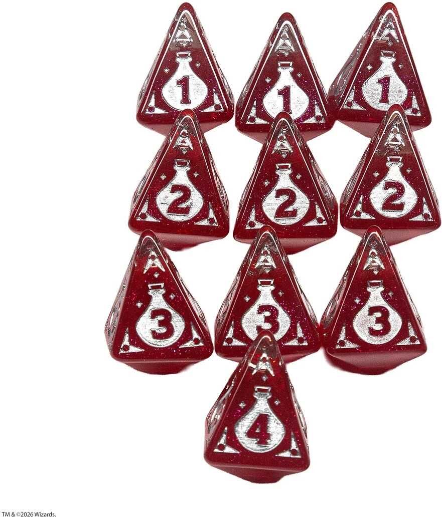 Dungeons & Dragons Adventure Dice - Potion of Healing Set by Sirius Dice, 10 Red Glitter-Effect D4 Dice and 4 Acrylic Tokens