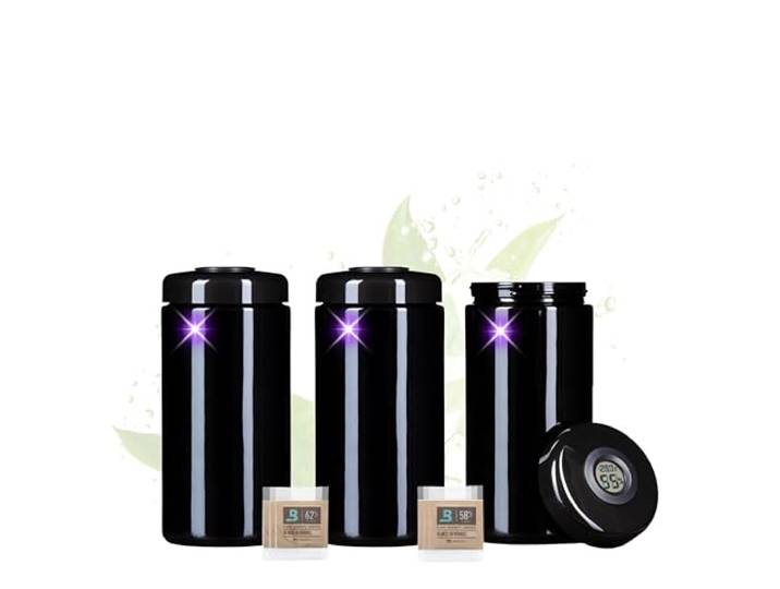 ANCEVIA edles Violettglas Vorratsglas 1000 ml – 3er Set Vorratsdose mit Hygrometer Deckel Miron Glasbehälter mit Deckel zur langfristigen Lagerung und Geruchsveredelung