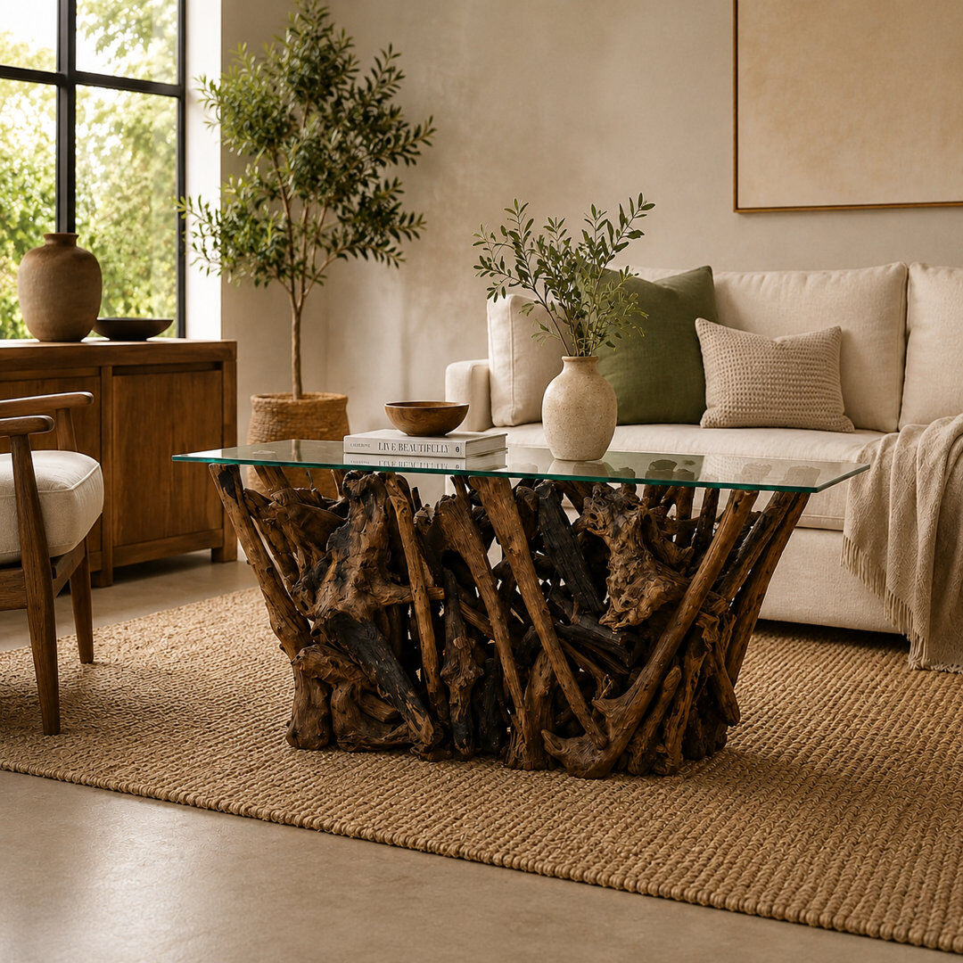 Bloomsbury Market Modern Pure Wooden Console Table Teak Root Handmade 110cm Console Table with Tempered Glass Top Clear 78cm H X 110cm W X 30cm D