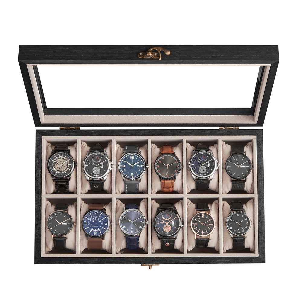 SONGMICS Uhrenbox mit 12 Fächern aus Massivholz JOW120B01