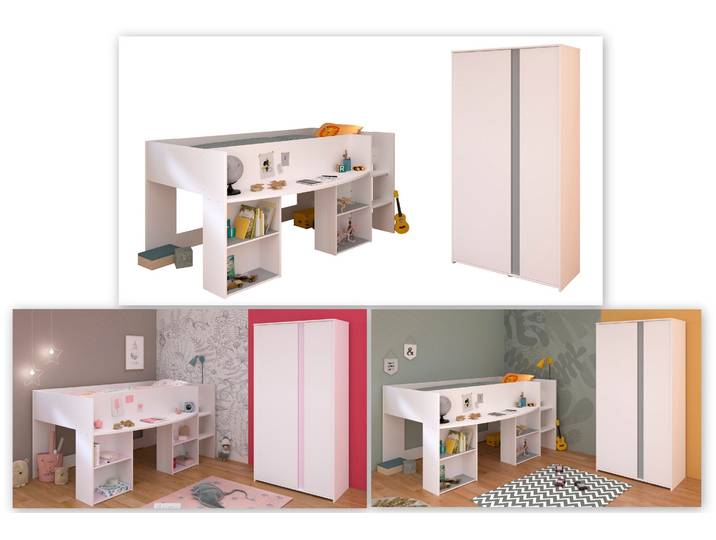 Jugendzimmer-Set PARISOT Pirouette , weiss (weiß), 2 teilig, bestehend aus Hochbett und Kleiderschrank, B/H: 90cm x 200cm, 2 teilig, bestehend aus Hochbett und Kleiderschrank, Schlafzimmermöbel-Sets, Jugendzimmer-Set, wahlweise mit Schreibtisch