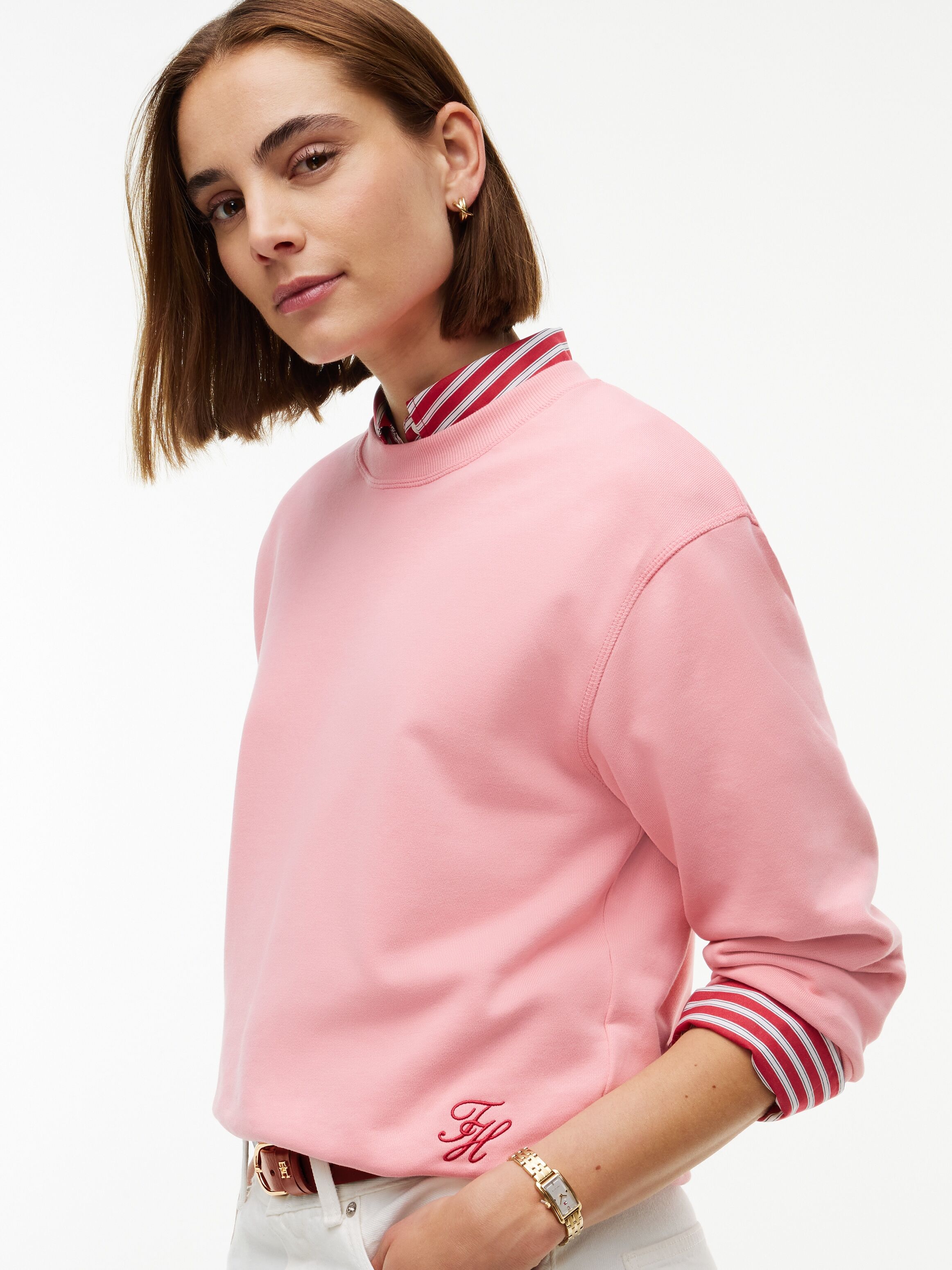 Sweatshirt TOMMY HILFIGER "SCRIPT TERRY MDRN C-NK SWTSHIRT", Damen, Gr. M (40), carnation pink, Sweatware, Obermaterial: 100% Baumwolle, unifarben, normal, Rundhals, Sweatshirts Sweatshirt, Baumwolle carnation pink M (40)