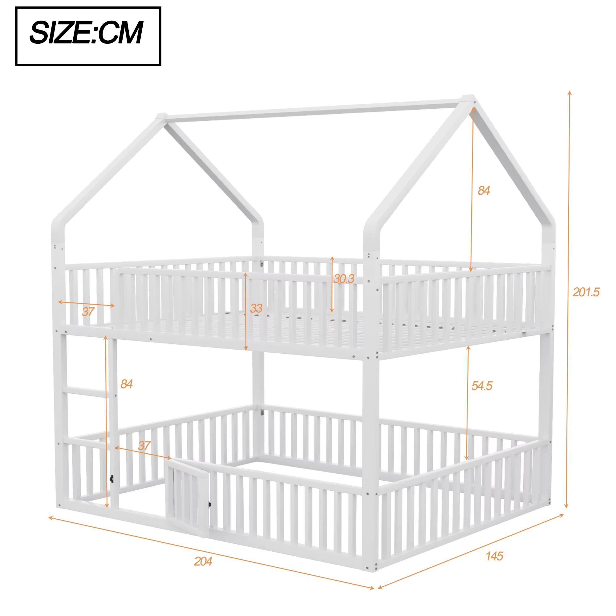 Metall-Hochbett - Etagenbett mit Treppe - Unterbett mit kleiner Tür - 140 x 200 cm - Weiß - Modernes Design