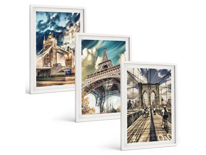 Tulup Bilder SET 3er Set - 40x60 cm Weißer Rahmen - Brücken, Türme, europäische Städte, Kunststoff, Rechteckig, 40x60 cm, Fotografie, Bilder & Rahmen, Bilder
