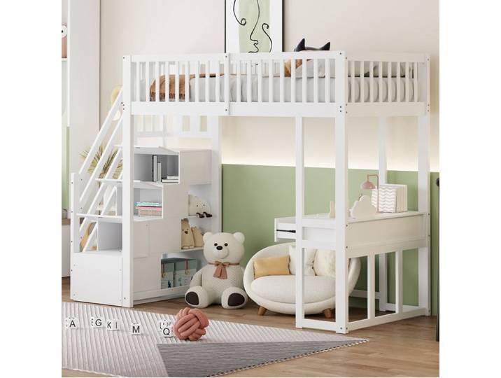 lit chambre couchage 90x200 mezzanine rangement table bois blanc pour enfant EVRYAE