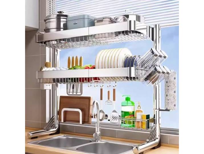 Geschirr Abtropfgestell Über Spüle Rostfreie Abtropfgitter Einstellbar 21-33in Abtropfschale Küchen Organizer mit Utensilienhalter, Schneidebretthalter, Messerblock