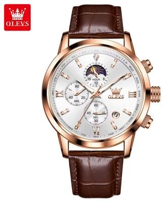 Inspired Finds OLEVS 9812 Luxury Chronograph Watch Moonphase Men's Quartz Watch Waterproof Multifunction Wristwatch rose White