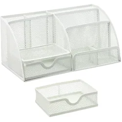Relaxdays Schreibtisch Organizer, Büro Organizer mit Stiftehalter und Schublade, Metall Mesh, HBT 13 x 28 x 14 cm, weiß