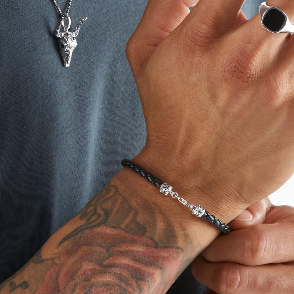Thomas Sabo Geflochtenes, schwarzes Lederarmband Verschluss Silber schwarz