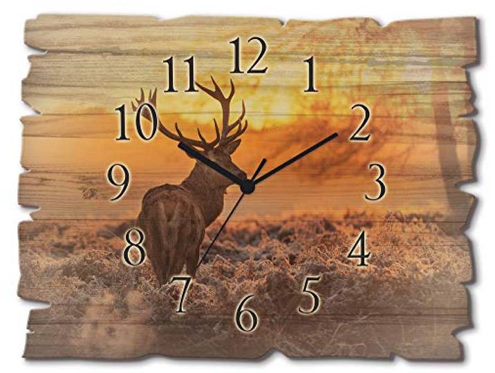 ARTLAND Wanddeko Wanduhr ohne Tickgeräusche aus Holz Quarz Uhr lautlos 40x30 cm Rechteckig Landschaft Hirsch Tiere Wald Hirschgeweih D3JI