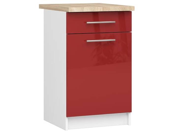 AKORD Küchenschrank mit Arbeitsplatte - Oliwia S50 Küchenunterschrank mit Tür, Schublade und 2 Einlegeböden Unterschrank Küche 50 cm Breit ABS-Kante 18 mm 46x50x85 cm Weiß & Rot Glanz