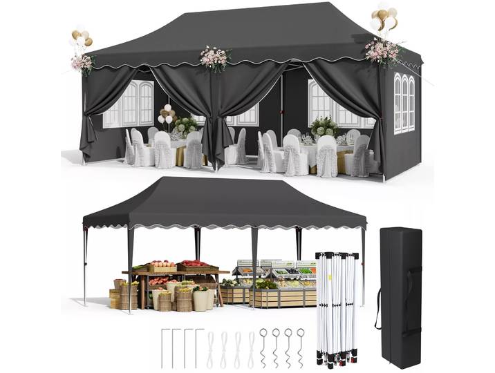 Gazebo pop-up pavillon 3x6m, tente de fête pliante et étanche avec 6 panneaux latéraux UV 50 + hauteur réglable 2-3M
