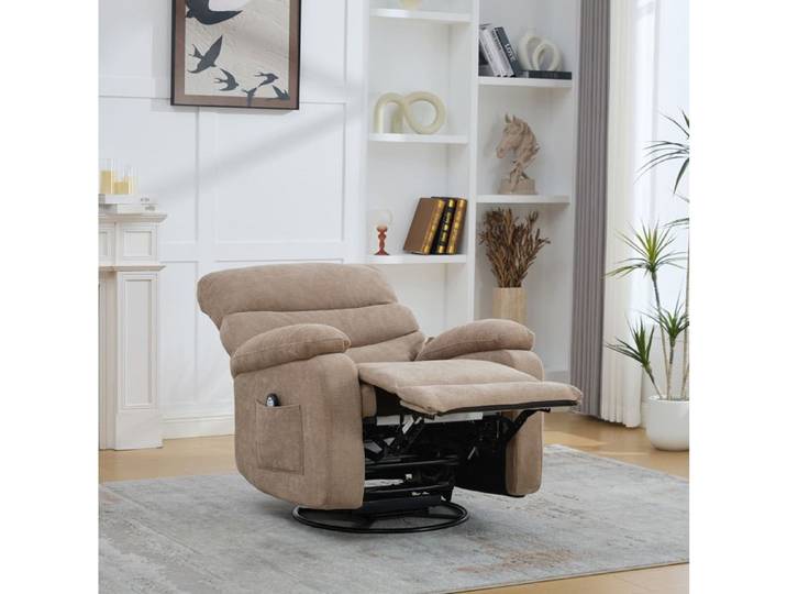 Fauteuil relaxant pivotant 360° EVRYAE chauffant et massant en chenille taupe avec poche latérale