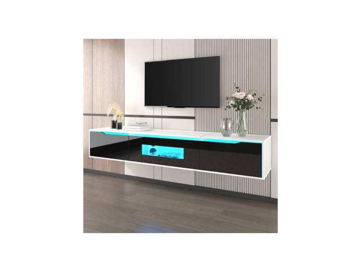 Meuble TV - BLOSSOM - 180x50x38 cm - Noir - 3 Tiroirs - LED Multicolore