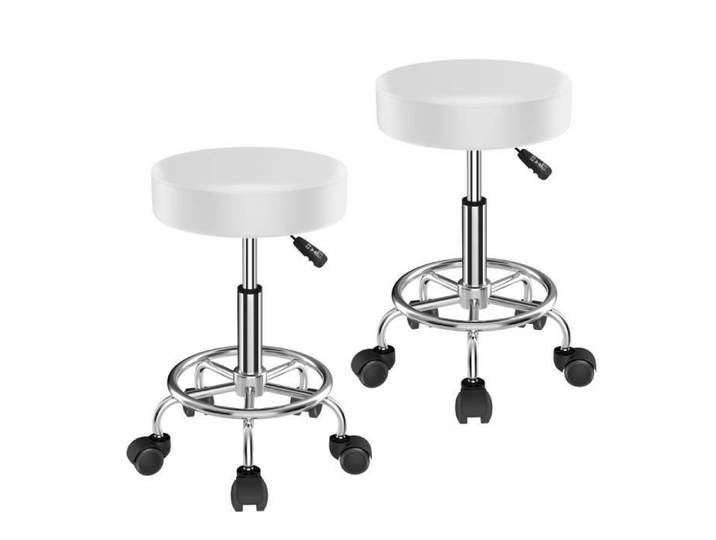 Tabouret de Bureau DHHOZAMZ - Tabouret à roulettes - Rotation à 360° - Blanc