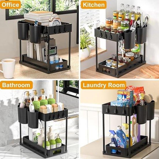 Multifunctionele onderkast-organizer met 2 niveaus en een lade, zwart, voor keuken en badkamer
