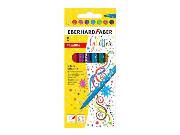 Eberhard Faber 551008 - Glitter viltstiften set, 8 kleurpotloden met dunne punt in kartonnen doosje