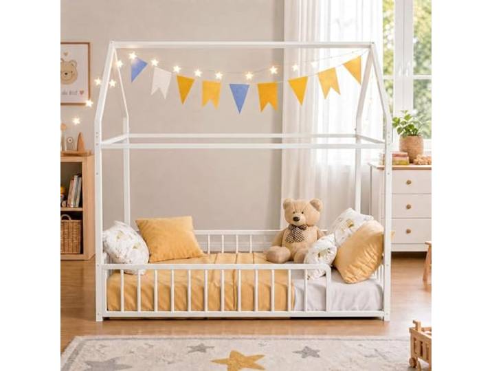 IRONCK Bett mit Rausfallschutz, Hausbett 90x200 cm, Bodenbett, Weiß Hausbett aus Metall, Metallbett, Hausdach-Design, modernes Bettgestell, Schlafzimmermöbel