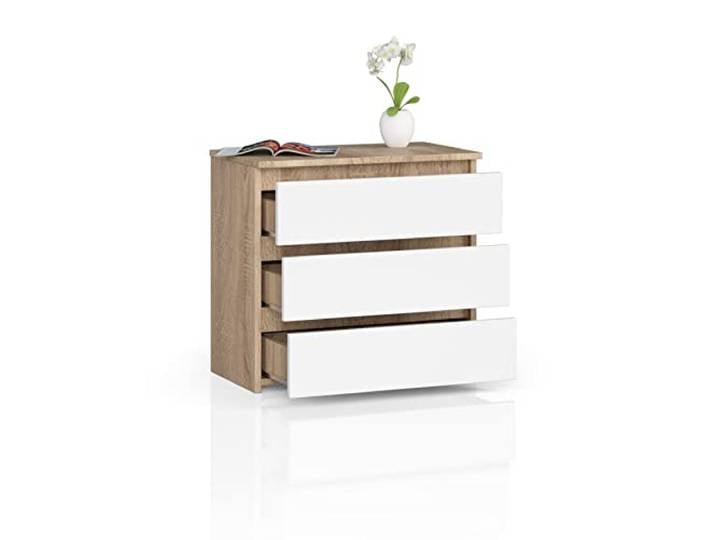 BDW Kommode mit 3 Schubladen, Sideboard, Multifunktionsschrank, Wohnzimmer, Esszimmer. Es Wird alle notwendigen Dinge unterbringen (Sonoma Eiche - Weiß)
