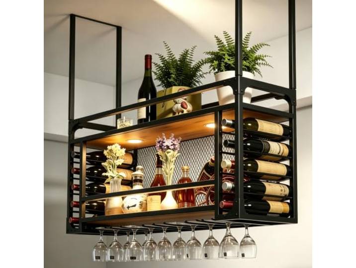 Gpbmn 160cm 2-Lagiger hängender Metall Weinregal mit LED Industrieller Weinregal Wand, Bar Liquor Aufbewahrungsregal, für Bar, Café, Küche