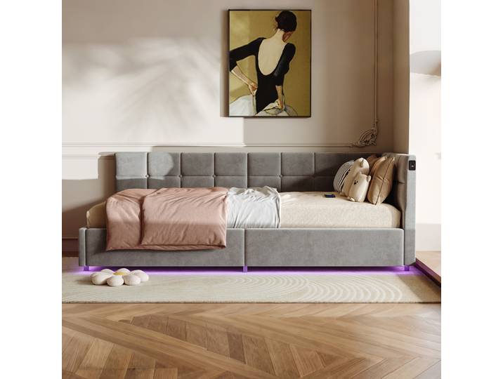 Canapé-lit en forme de L Rosahqnda, lit de jour 90X200cm, lit simple, lit pour jeunes, rangement à levage hydraulique, port de charge, tissu velours