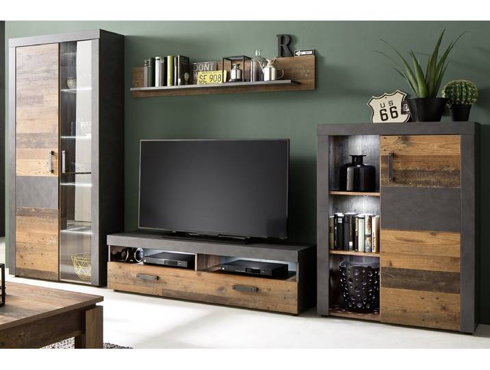 Wohnwand Indy , Old Used Wood / Matera grau , 4-teilig , Shabby Look , LED Beleuchtung 2