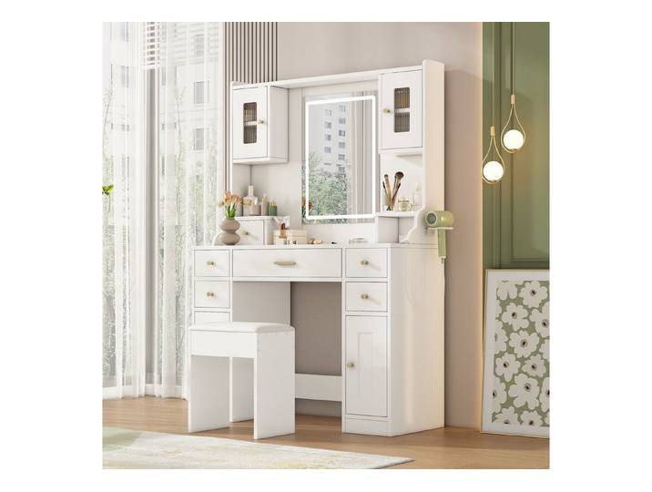 Flieks Schminktisch, Frisiertisch mit Hocker, Spiegel, Ladefunktion, Stauraum, 105x40x152cm