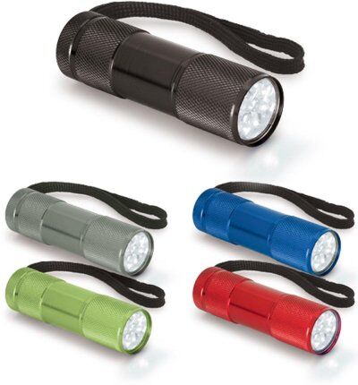 Torcia LED 9 luci in alluminio nero, compatta 9 cm, batterie incluse Personalizzate o neutre
