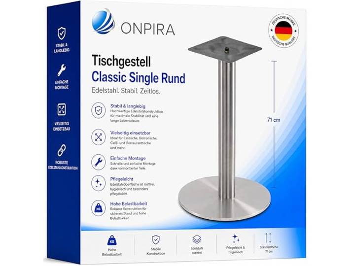 ONPIRA® Tischgestell Edelstahl Classic Single Rund Ø45 cm – Tischuntergestell Höhe 71 cm – Robuster Tischfuß für Bistro, Café, Restaurant & Gastro – Modernes Edelstahl Tischgestell – Stabil