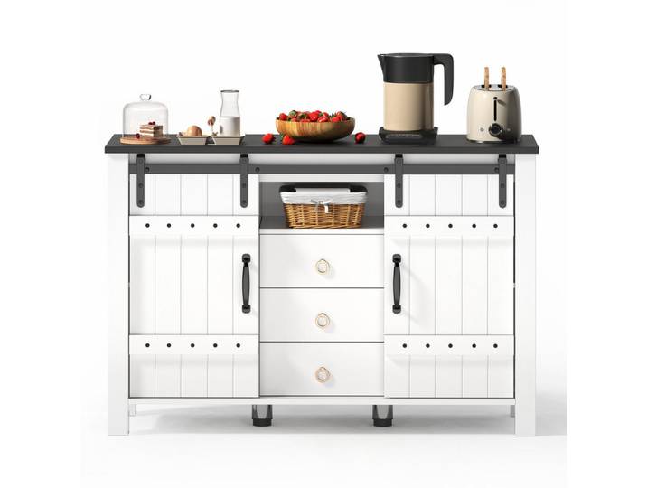 Modfu Sideboard aus MDF 120x40x80 cm Weiß mit Schiebetüren und 3 Schubladen im Landhausstil, 120x80x40 cm, Kleinmöbel, Kommoden, Sideboards