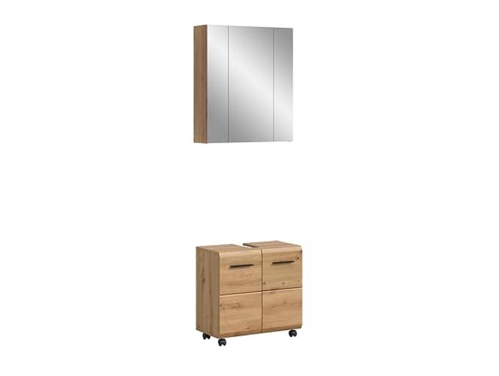 xonox.home – Badkombination Ice auf Rollen 60x185x30 cm in Artisan Oak Nachbildung – Mobiles 2er-Set aus Waschbeckenunterschrank & Spiegelschrank – Gemütliches Holz-Design & hohe Flexibilität
