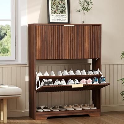 Garvee Shoe Storage Cabinet with 2 Flip Drawers, Slim Fluted Shoe Rack Cabinet with Open Storage
