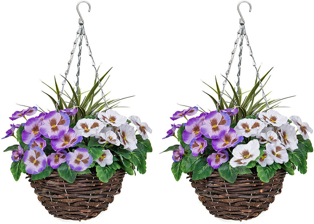 The Seasonal Aisle GreenBrokers 2 x Artificial Purple & White Pansy Rattan Hanging Baskets (52cm/20in) Purple/White