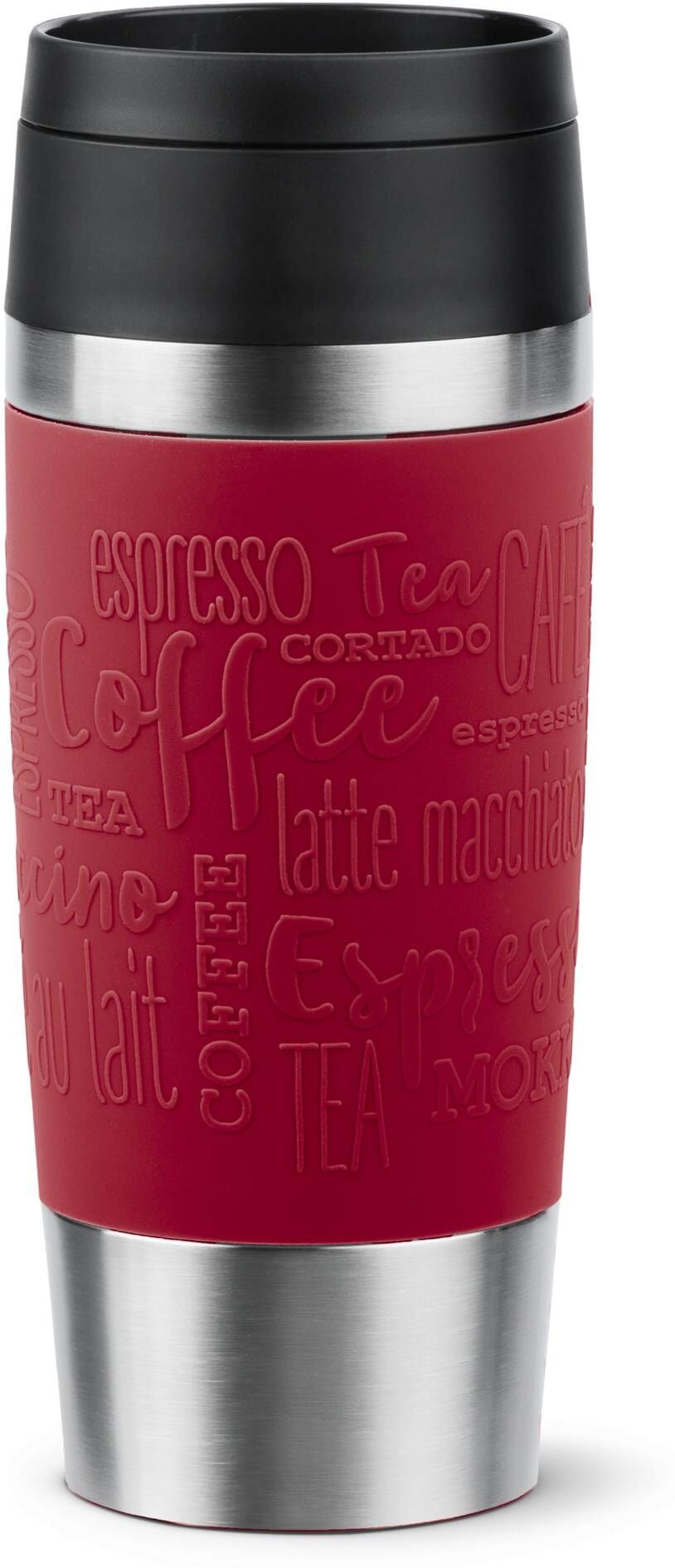 Thermobecher EMSA "Travel Mug Classic, mit 360-Trinköffnung, auslaufsicher, rutschfest", rot (dunkelrot), Trinkgefässe, Ø 8,2cm x 20,4cm, 360ml, Edelstahl, Kunststoff, Silikon, Thermobecher, 4h heiss, 8h kalt - 360 ml / 6h heiss, 12h kalt - 500 ml, 100% d