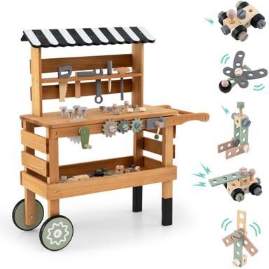 Costway 2-in-1 Kids Rolling Cart with Play Tools Set for Construction Play-Brown