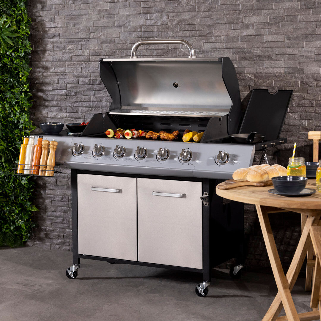 Charles Bentley 6 - Burner Countertop Liquid Propane Gas Grill with Side Burner and Cabinet Silver 6