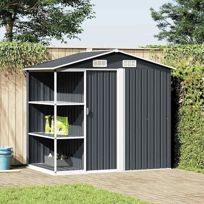 Gartenhaus mit Regal Anthrazit, verzinktes Eisen, 205x130x183 cm, geräumiger Gartenschuppen für Werkzeug und Fahrrad, wetterfest, abschließbar, platzsparend im Außenbereich